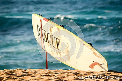 Lifeguardâ€™s rescue surfboard on Sunset Beach, Hawaii Stock Photo